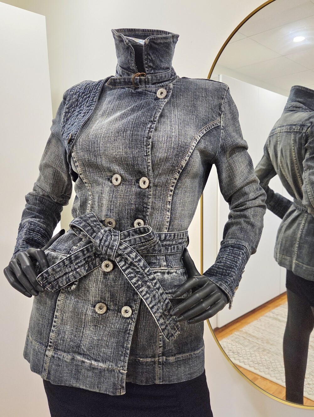 Vintage Y2K Denim Military Jacket, Foxy Jeans, Belted Jean Coat, small 2000s